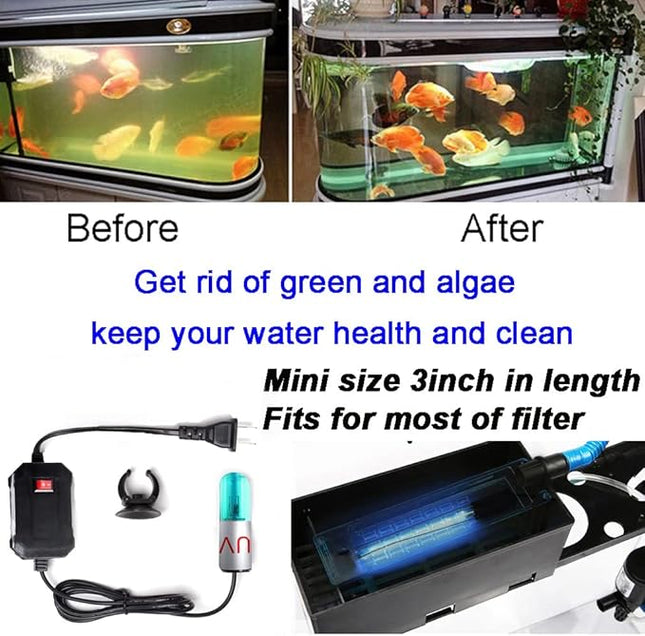 3W Aquarium Clean Light Fish Tank Algae Clean Light Green Water Clean Fish Tank Water Clean Lamp for Sump Pond Filter Tank