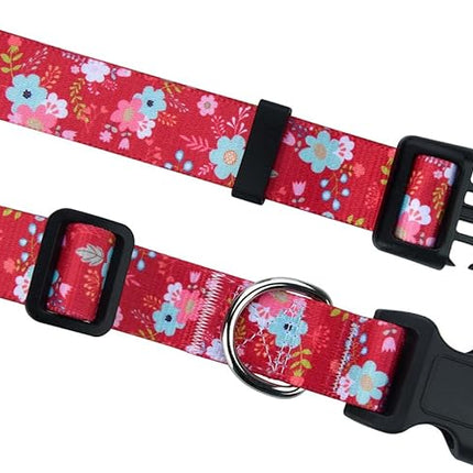 Dog Collar and Leash Set with Bohemia Floral Tribal Geometric Patterns - Soft Ethnic Style Collar Adjustable for Small Medium Large Dogs(Red Floral Set,L)