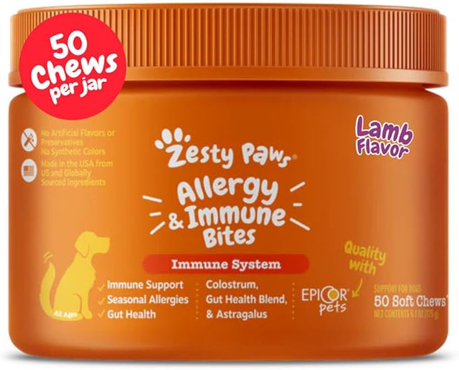 Zesty Paws Dog Allergy Relief Chews, Dog Probiotics for Itchy Skin and Ears, Lamb, 50ct