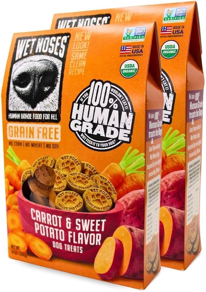 Grain-Free Organic Crunchy Dog Treats – for All Pet Sizes, Breeds – All-Natural Treat – 100% Human-Grade – Delicious Snacks for Dogs – 14 Oz., Grain Free - Carrot Sweet Potato, 2 X 14oz Box