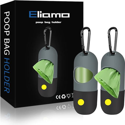 2 Pack Dog Poop Bag Dispenser with Built-in LED Flashlight, Pet Waste Bag Holder for Leash with Carabiner Clip for Lead Leash, 2 Rolls Leak-proof Doggy Waste Bags for Dog Walking, Grey