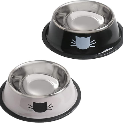 Cat Bowls for Food and Water,2PCS Rapsrk Non-Slip Stainless Steel Small Food Bowls 8 Oz Pet Bowl with Removable Rubber Base Dog Bowl,Stackable Cat Puppy Dishes Bowls with Cute Cats Painted