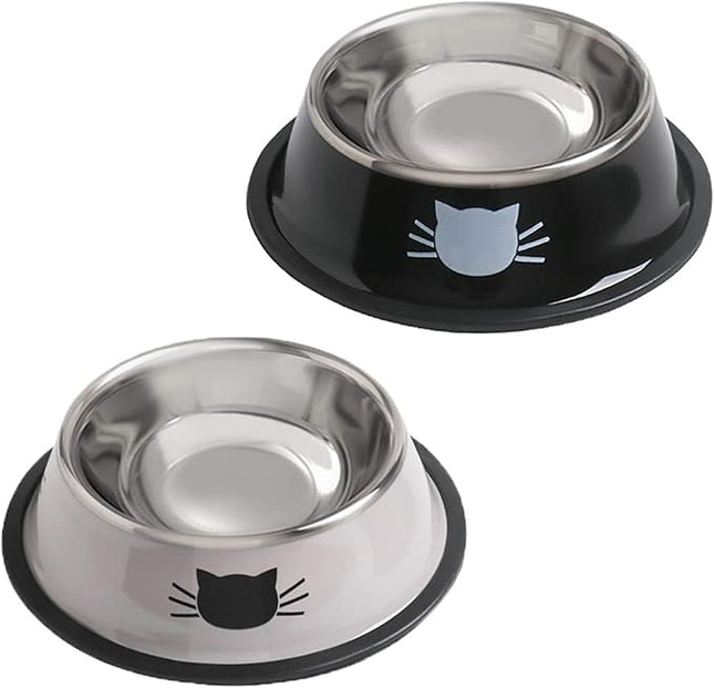 Cat Bowls for Food and Water,2PCS Rapsrk Non-Slip Stainless Steel Small Food Bowls 8 Oz Pet Bowl with Removable Rubber Base Dog Bowl,Stackable Cat Puppy Dishes Bowls with Cute Cats Painted