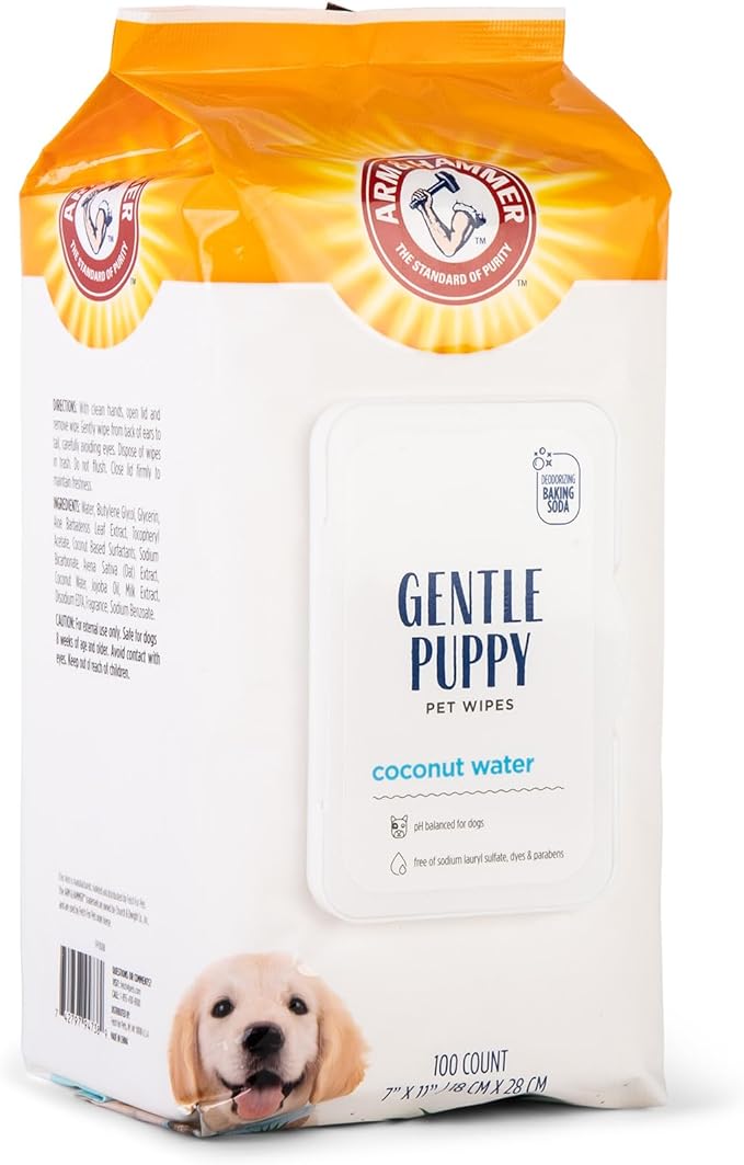 Arm & Hammer for Pets Gentle Puppy Bath Wipes, Coconut Water All Purpose Puppy Cleaning Wipes Remove Odor & Refresh Skin for Pets Gentle Tearless Pet Wipes 100 Count, (Pack of 3)