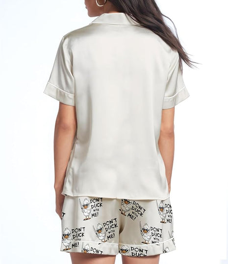 Women’s Silk Satin Pajama Set, Short Sleeve Button Down 2 Piece PJs with Shorts, Cozy Loungewear & Matching Holiday Pajamas