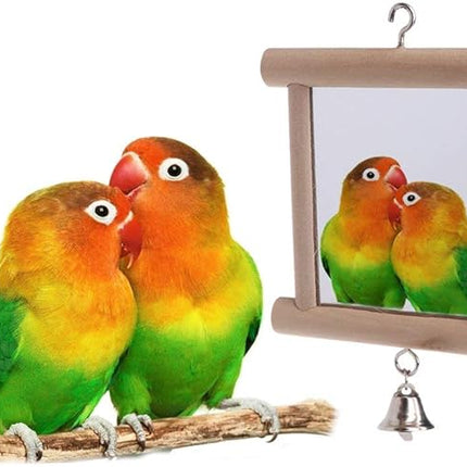 Bird Mirror Wooden Hanging Swing Interactive Play Toys for Small Parrot Budgies Macaw African Grey Parakeet Cockatiel Conure Lovebird Cage Accessories (Bird Mirror with Bell-2 PCS)