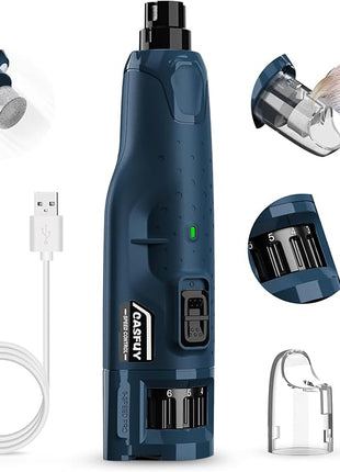 Casfuy Dog Nail Grinder Quiet - (45db) 6-Speed Pet Nail Grinder with 2 LED Lights for Large Medium Small Puppy Dogs/Cats, Professional 3 Ports Rechargeable Electric Dog Nail Trimmer with Dust Cap