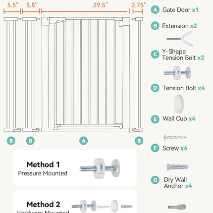 COMOMY 36" Extra Tall Baby Gate for Stairs Doorways, Fits Openings 29.5" to 46" Wide, Auto Close Extra Wide Dog Gate for House, Pressure Mounted Easy Walk Through Pet Gate with Door, White