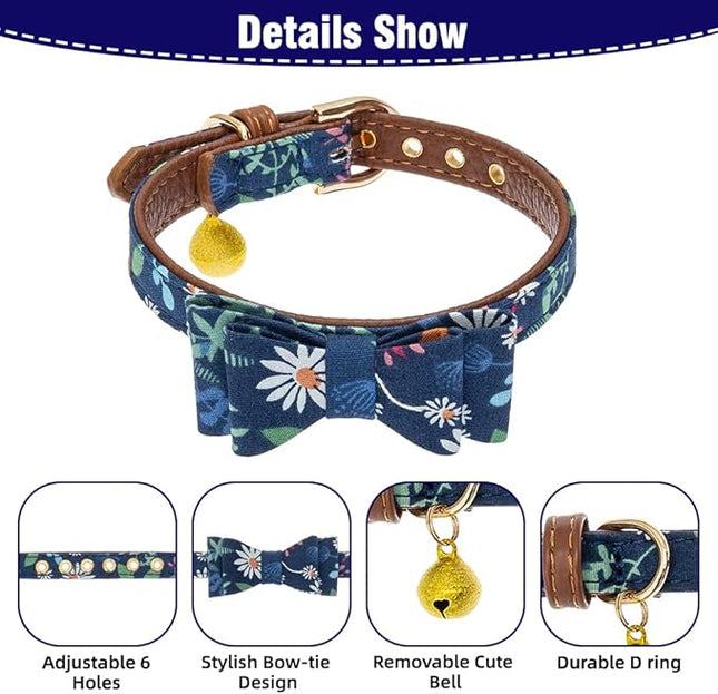 EXPAWLORER Classic Plaid Dog Bow Tie and Bandana Collar with Bell and Tangle Free Leash, Adjustable for Small Dogs, Cats, Puppies, Flower XS