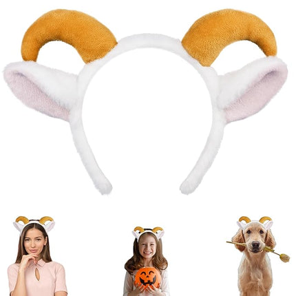 Beviliu Goat Ears Headband with Ram Horns, Animals Ears and Horns Headband, Sheep Ears Custome Lamb Ears Headwear for Halloween Christmas Birthday Party Theme Cosplay Washing Face