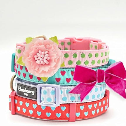 Blueberry Pet Adjustable Flocking Dog Collar with Artificial Silk Flower - Polka Dot in Pastel Purple, Large, Neck 18"-26"