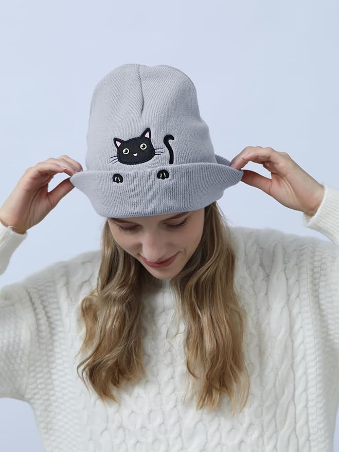 Women’s Cat Beanie Cute Cat Lover Gifts Animal Knitted Hats Christmas Stocking Stuffers for Women Girls