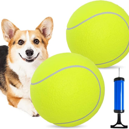 Pomeat 2 PCS Gaint Tennis Ball for Dogs, 9.5" Inflatable Large Tennis Balls Pet Chew Toy, Inflatable Rubber Non-Toxic Pet Toy Balls with Pump & Needle for Small Medium Large Dogs