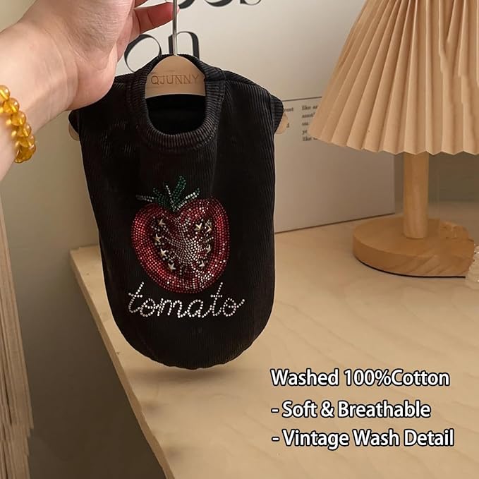 Washed Cotton Pet Vest with Rhinestone Fruit Designs, Soft & Stylish Small Dog Cat Vest for Spring Summer, Breathable & Shiny (Black-Tomato, Medium)