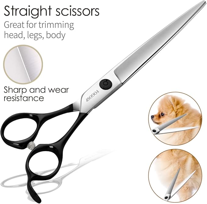 Professional 7.5" Dog Grooming Scissors Kit 4pcs, JP 440C Stainless Steel Curved Blender Straight Chunker Shears for Dog Cat and Pets (7.5 in Kit, Black)