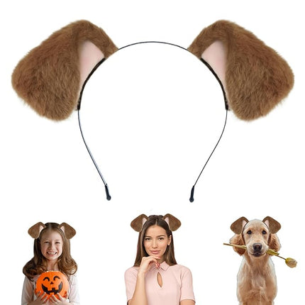 Beviliu Dog Ears Golden Movable, Realistic Animals Ears Headband Brown, Fluffy Cat Bunny Bear Costume Halloween Christmas for Washing Makeup Cosplay Birthday Party