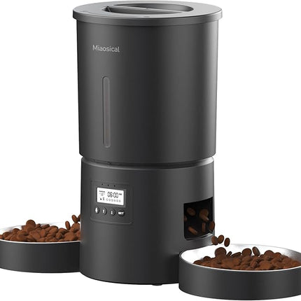 Dual Automatic Cat Feeder 2 Cats,6 Meals/Day,12 Portions/Meal,4.2L Dual Power Double Bowls Feeder,Dry Food Auto Pet Dispenser,10S Voice Record,Flexible Schedule Timer (Black,Stainless Dual Bowls)