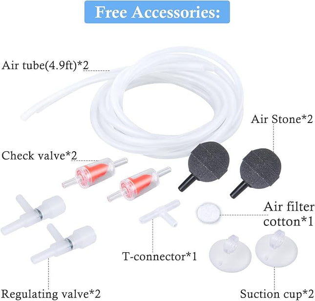 HITOP Dual Outlet Aquarium Electric Air Pump, Whisper Adjustable Fish Tank Aerator, Quiet Oxygen Pump with Accessories for 20 to 100 Gallon