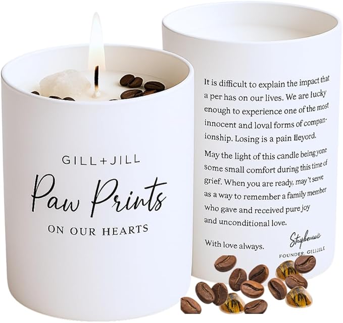 Premium Paw Prints Pet Memorial Candle – Dog Memorial Gifts for Loss of Dog, Pet Loss Sympathy Gift, Paraffin-Free Soy Wax with Tiger’s Eye, Clear Quartz & Coffee Beans – Thoughtful Remembrance Gift