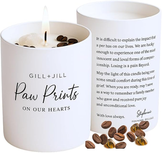 Premium Paw Prints Pet Memorial Candle – Dog Memorial Gifts for Loss of Dog, Pet Loss Sympathy Gift, Paraffin-Free Soy Wax with Tiger’s Eye, Clear Quartz & Coffee Beans – Thoughtful Remembrance Gift