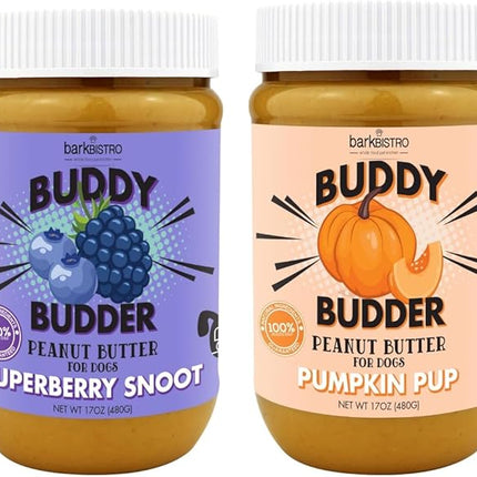 BUDDY BUDDER Bark Bistro Company, Superberry Snoot + Pumpkin Pup, Natural Dog Peanut Butter, Dog Treat, Made in USA (Set of 2, 17oz Jars)