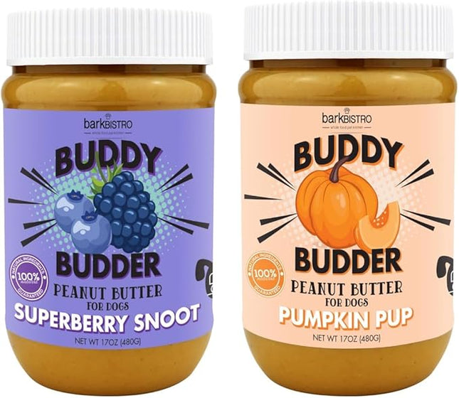 BUDDY BUDDER Bark Bistro Company, Superberry Snoot + Pumpkin Pup, Natural Dog Peanut Butter, Dog Treat, Made in USA (Set of 2, 17oz Jars)