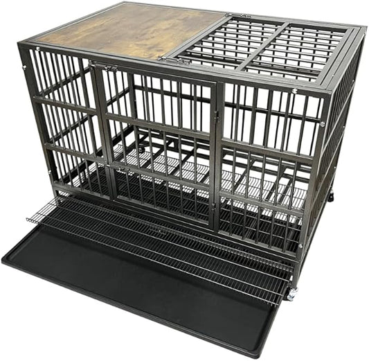 42" Furniture Dog Crate for Large Dogs, Heavy Duty Dog Kennel Indoor with Removable Crate Trays, Wheels and Stylish Wooden Top, Extra Large XL XXL Dog Cage