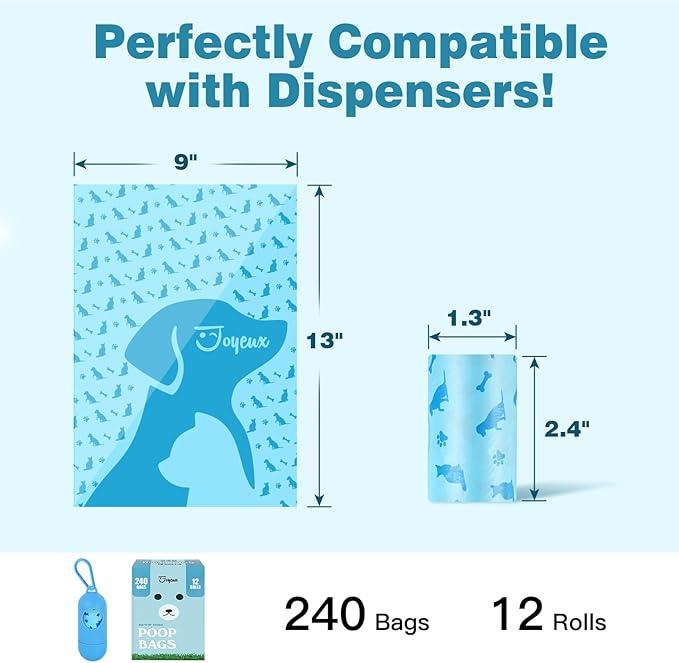 Joyeux 240 Count Ocean Scent Dog Poop Bags Rolls,with Dispenser,Leak-Proof Large Doggie,Extra Thick Poop Bag for Dogs,Cats Litter Bags,Blue Trash Bags for Doggy Pets Bolsa de Popo de Perro