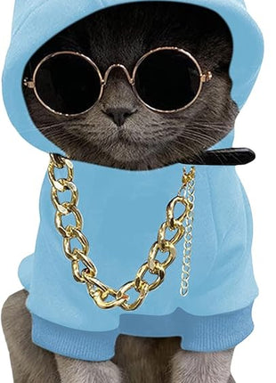 QWINEE 3Pcs Dog Hoodie Cat Apparel Dog Custume Set with Necklace and Sunglasses Pet Clothes for Puppy Small Medium Dogs Cats Light Blue Large