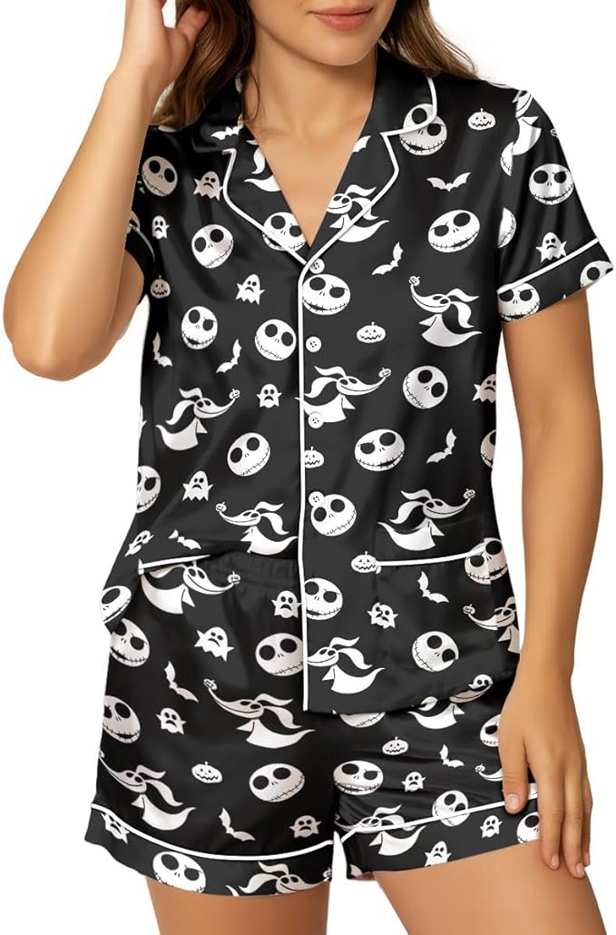 Women’s Silk Satin Pajama Set, Short Sleeve Button Down 2 Piece PJs with Shorts, Cozy Loungewear & Matching Holiday Pajamas