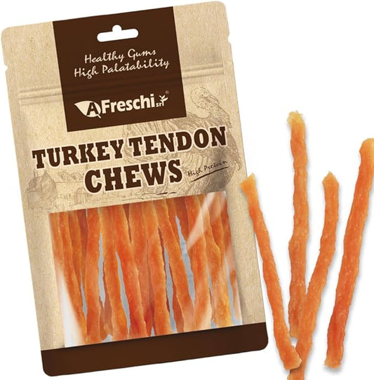 AFreschi Turkey Tendons for Dogs, USA-Sourced, Healthy Dog Treats, Rawhide-Free Puppy Chews, All Natural, Hypoallergenic Dog Treats, Classic Series, Soft Strips with Pumpkin, 3.5 oz Pack