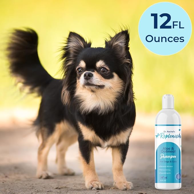 Replenish Aloe and Oatmeal Dog Shampoo - Hypoallergenic Pet Shampoo for Allergies & Sensitive Skin, Medicated Dog Shampoo for Itching Relief & Oatmeal Bath for Dogs Dry Flaky Skin Treatment – 12 Oz