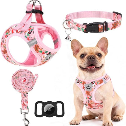 EXPAWLORER Christmas Puppy Harness - Dog Collar and Leash - Soft Mesh Padded Adjustable Step in Small Dog Vest Harness No Pull, Reflective Escape Proof for Outdoor Walking, Red S