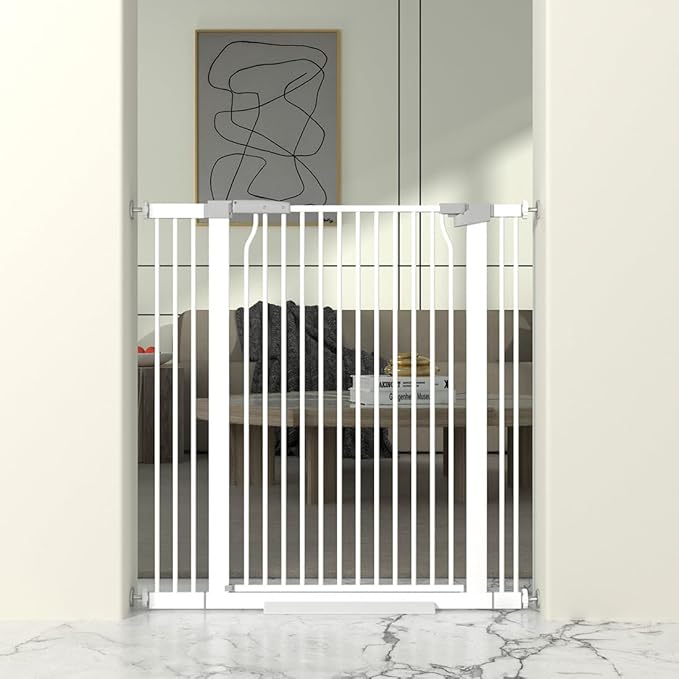 41" Extra Tall Baby Gate for Doorway, 29.6-40.5'' Metal Pet Baby Safe Gate, Extra Wide Pressure Mounted Child Door with Expansion Kit, No Drilling Cat Fence Indoor, No Climb Cat Proof Gate, White