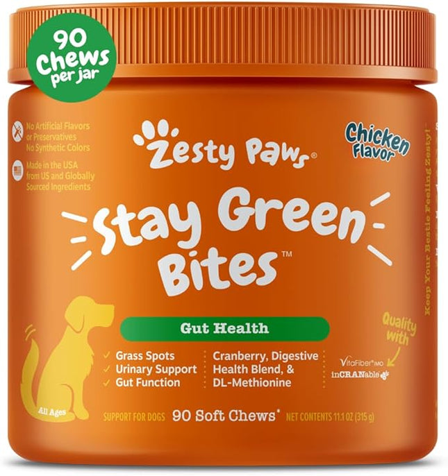 Zesty Paws Stay Green Bites for Dogs - Grass Burn Soft Chews for Lawn Spots Caused by Dog Urine - with Cranberry for Urinary Tract & Bladder - Chicken - 90 Count