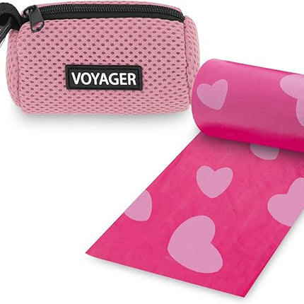 Best Pet Supplies Dog Poop Bag Holder Leash Attachment with 15 Bags, Pink, Reusable Mesh Dispenser Pouch for Travel, Walking, Park, and Outdoor Use, Soft and Durable with Clip-On