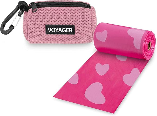 Best Pet Supplies Dog Poop Bag Holder Leash Attachment with 15 Bags, Pink, Reusable Mesh Dispenser Pouch for Travel, Walking, Park, and Outdoor Use, Soft and Durable with Clip-On