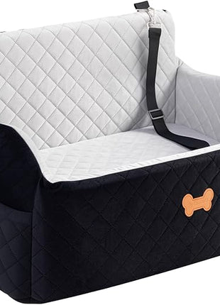 Car Seat for Large Size Dog, Booster Seat for Dogs Under 55 lbs or 2 Small Dogs, Soft Car Dog Bed Filling in Thick Memory Foam with 2 Safety Leashes and Storage Pocket (Grey/Black)