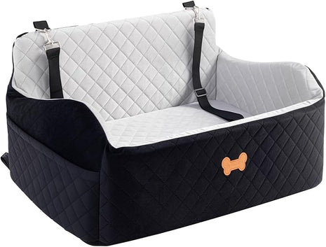 Car Seat for Large Size Dog, Booster Seat for Dogs Under 55 lbs or 2 Small Dogs, Soft Car Dog Bed Filling in Thick Memory Foam with 2 Safety Leashes and Storage Pocket (Grey/Black)