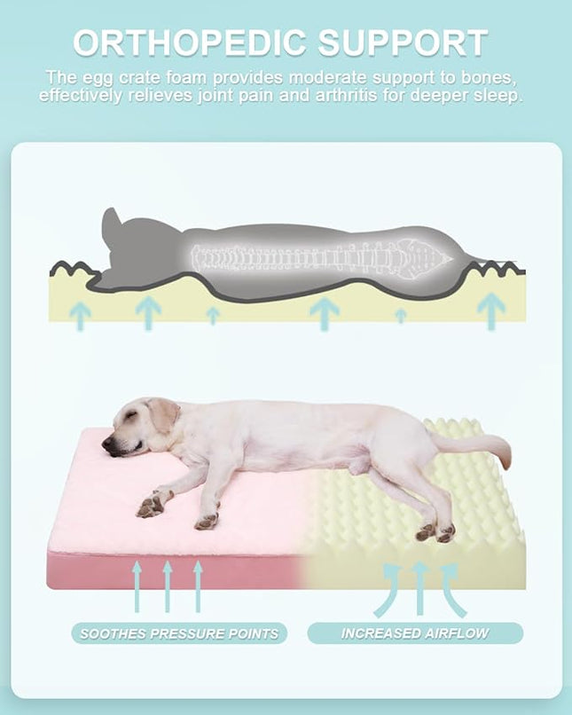 KSIIA Orthopedic Dog Bed - Waterproof & Washable with Removable Cover, Deluxe Plush Egg Crate Foam Design for Large Dogs, 41x27 Inch Pink Dog Crate Bed