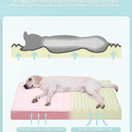 KSIIA Orthopedic Dog Bed - Waterproof & Washable with Removable Cover, Deluxe Plush Egg Crate Foam Design for Large Dogs, 35x22 Inch Pink Dog Crate Bed