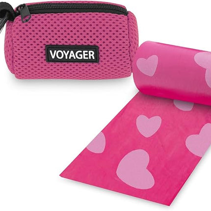 Best Pet Supplies Dog Poop Bag Holder Leash Attachment with 15 Bags, Fuchsia, Reusable Mesh Dispenser Pouch for Travel, Walking, Park, and Outdoor Use, Soft and Durable with Clip-On