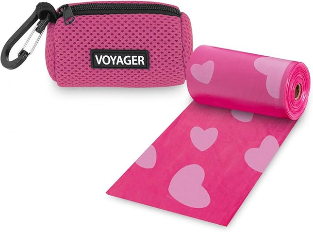 Best Pet Supplies Dog Poop Bag Holder Leash Attachment with 15 Bags, Fuchsia, Reusable Mesh Dispenser Pouch for Travel, Walking, Park, and Outdoor Use, Soft and Durable with Clip-On