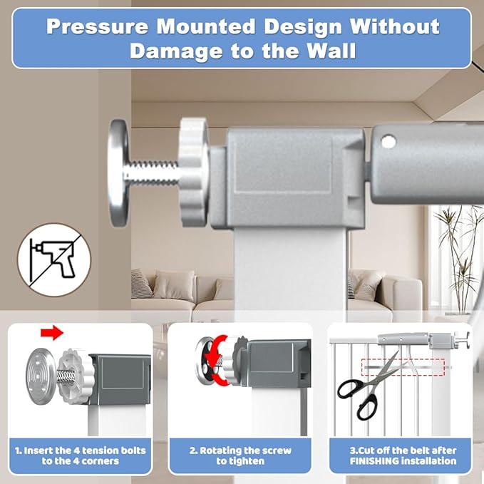 40.55" Extra Tall Baby Gate for Stairs-29.6"-40.5" Wide 1.37" Ultra Narrow Spacing Extra Wide Pet Cat Gate Dog Gate-Auto-Close Pressure Mounted Dog Door for Pets and Kids,White