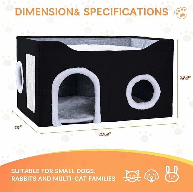 Cat House for Indoor Cats – Foldable Cat Cave & Covered Cat Bed, Cozy Hideaway for Small Pets and Large Cats (23.6"x16"x12.8"),Black