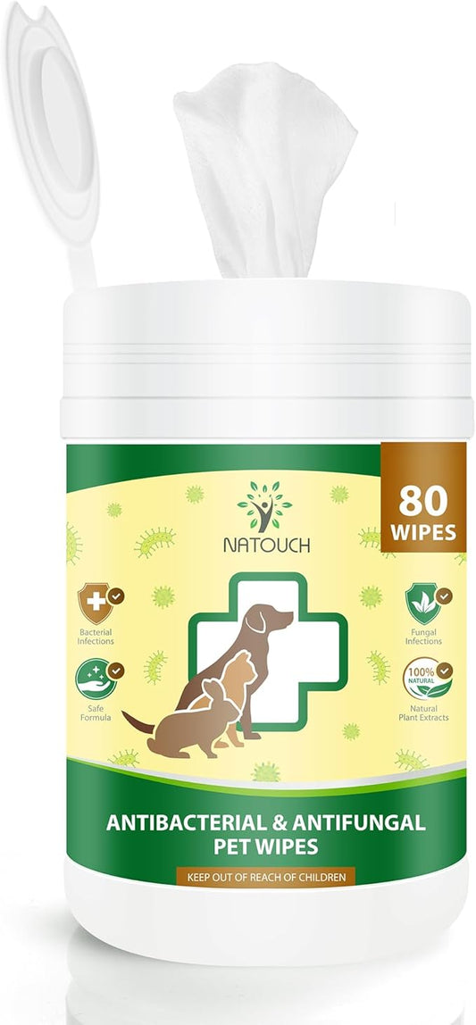 Antifungal and Antibacterial Wipes for Dogs & Cats, Dog Yeast Infection Treatment Wipes, All Natural Grooming Wipes for Cleaning, Help with Hot Spots, Ringworm, and Skin Infections, 80 Count