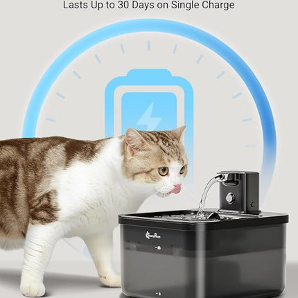 DownyPaws Battery Operated Cat Water Fountain, 84oz/2.5L Fursink Wireless Cat Waterer Fountain with Motion Sensor, BPA-Free, Black with 6 Filters