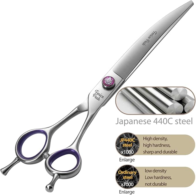 Fenice Peak 7'' Curved Dog Grooming Scissors with decorative screw Professional 440C Stainless Steel Metallic Pet Trimming Shears with Offset Handle Durable and Sharp