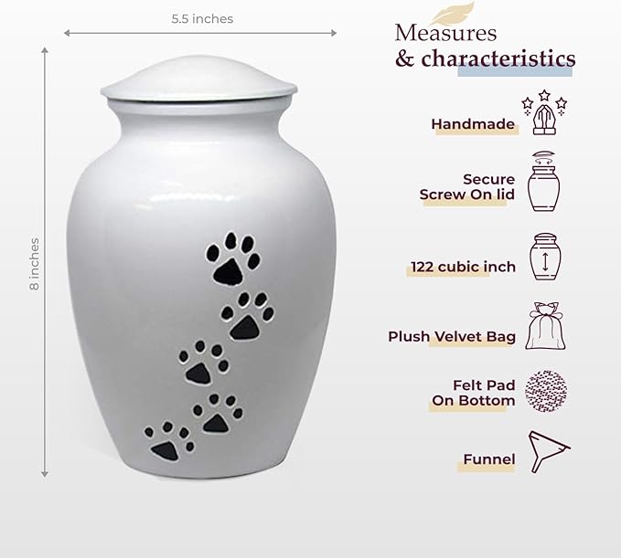 Trupoint Memorials Large Pet Urn for Dogs and Cats Ashes, Paws Print White Cremation Urns for Pets up to 122 lbs