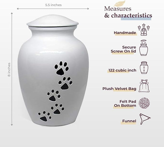 Trupoint Memorials Large Pet Urn for Dogs and Cats Ashes, Paws Print White Cremation Urns for Pets up to 122 lbs